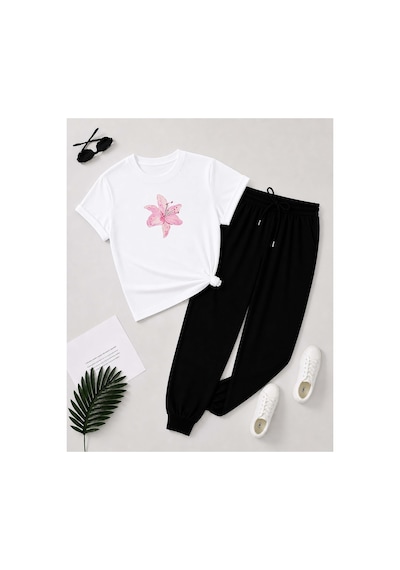 Herkesemoda Pembe Çiçek Baskı Detaylı T-shirt Eşofman Takımı Beyaz