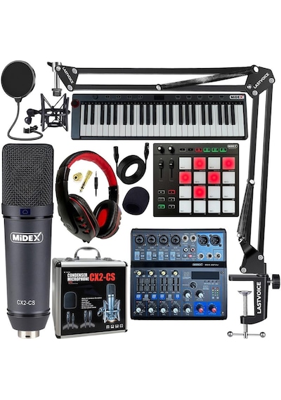 Stüdyo Ekipmanları Midi Live Paket-6 Ses Kartlı Mikser Midi Klavye Cx2 Mikrofon Kulaklık Pad Controller
