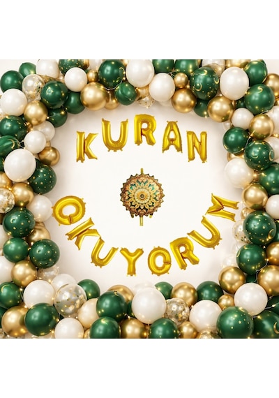Kuran Okuyorum Temalı Kuran Okuma Töreni Folyo Harf Balon Yeşil Gold Beyaz Ve Kumbeji Balonlar Beyaz - Yeşil