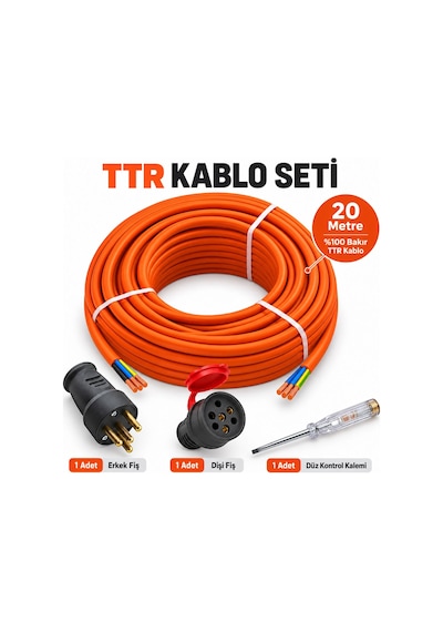 Sanayi Tipi Ttr Kablo 4x2,5 20 Metre%100 Bakır Erkek Fiş Dişi Fiş Kontrol Kalemi Kablo Seti 0.1 M
