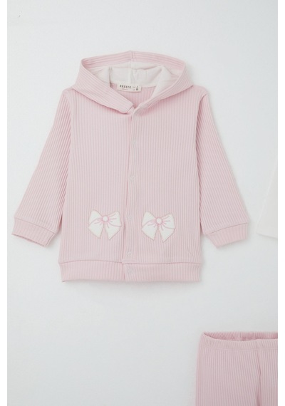Breeze Kız Bebek Bodyli 3 Lü Takım Fiyonk Arma Nakışlı 4 Ay - 1 Yaş , Pembe
