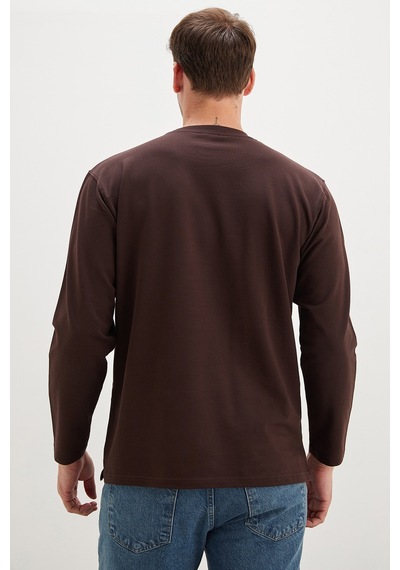 Fullamoda Baskılı Bisiklet Yaka Sweatshirt Kahve