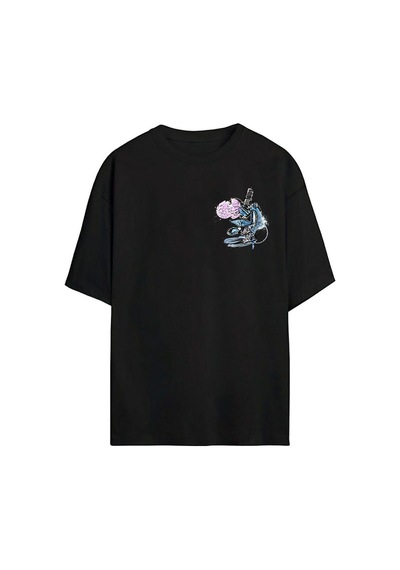 Thewert Unisex Grafiti Mikroskop Baskılı Siyah Oversize Tshirt