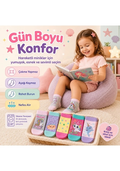 Womanandkids Wak 5 Li Kız Çocuk Çorap Seti Deniz Kızı Unicorn Desenli Pamuklu Rahat Burunlu Renkli Çok Renkli