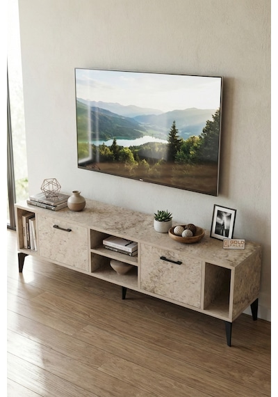 Tv Sehpası 160 Cm Modern Çok Amaçlı Dolaplı Raflı Televizyon Ünitesi Linya Traverten