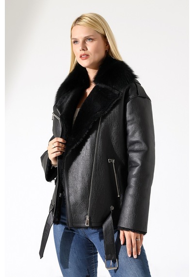 M M Marki Marki Kadın Hakiki Deri Mont, Siyah, Oversize, İçi Kürklü, 74 Cm, Kemerli