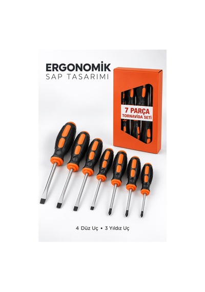 7 Parça Ergonomik Tornavida Seti 4 Düz Ve 3 Yıldız Uçlu Farklı Boy Tornavidalar