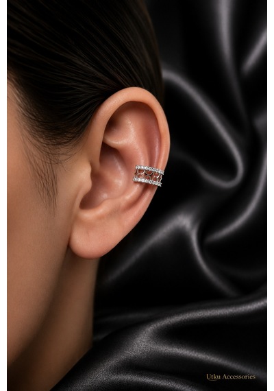 Sıralı Taşlı Kıkırdak Çelik Küpe Earcuff Gümüş