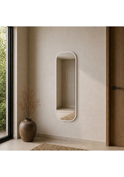 Modern Oval Boy Aynası 40x120 Cm Yuvarlak Hatlı Minimalist Dekoratif Duvar Aynası 2026 Trend Beyaz