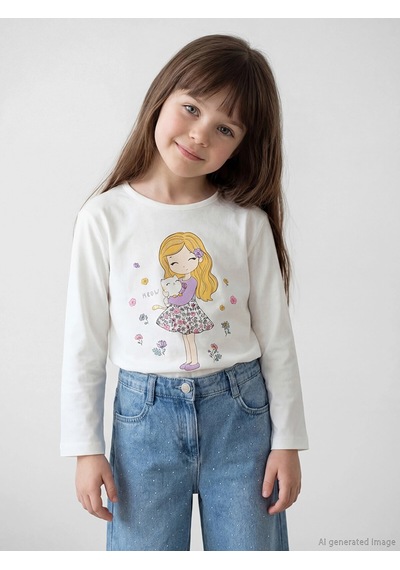 LC Waikiki Lcw Kids Beyaz Bisiklet Yaka Uzun Kollu Baskılı Kız Çocuk Tişört Ecru