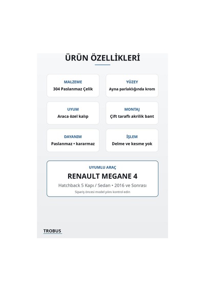 Renault Megane 4 2016 Ve Sonrası Uyumlu Krom İç Konsol Kaplaması Paslanmaz Çelik