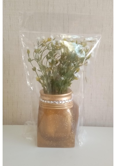 Vazoda Çiçek Dekoratif Beyaz Yapay Çiçek Vazo Dahil Taşlı Altın Poliresin 7 x 7 x 15 CM