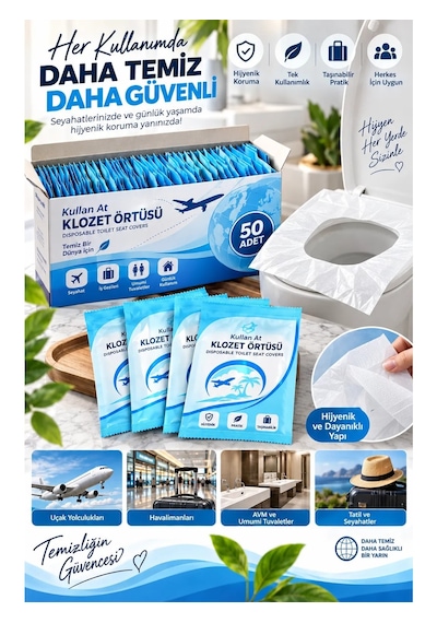50 Adet Klozet Örtüsü Klozet Poşeti Klozet Kapak Örtüsü Dispenseri Şeffaf