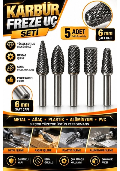 Karbür Freze Uç Seti 5 Parça 6 Mm Şaft Metal Ahşap Alüminyum Pl