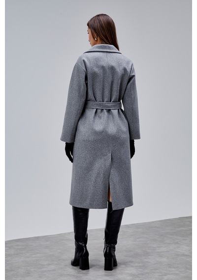 Gri Premium Oversize Kemerli Kaşe Kaban Gri