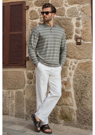 Madmext Gri Regular Fit Çizgili Polo Yaka Erkek Tişört E7192