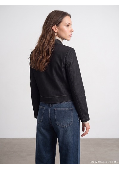 Dilvin 60826 Deri Detaylı Crop Ceket Siyah
