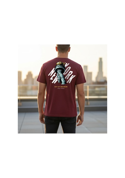 Urbantrendstore Unisex Özgürlük Heykeli Oversize Fit Rahat Geniş Salaş T-shirt Günlük Tişört Bordo