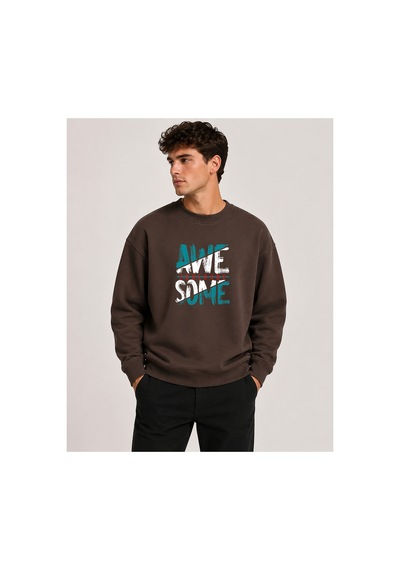 Herkesemoda Awesome Baskılı Bisiklet Yaka Şardonlu 2 İplik Sweatshirt Kahverengi