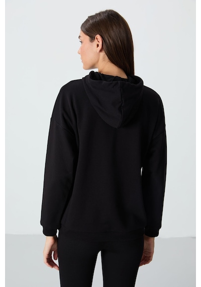 Tommy Life Siyah Kompakt Pamuklu Kalın Pürüzsüz Dokulu Kapüşonlu Oversize Fit Kadın Sweatshirt - 97291 Siyah