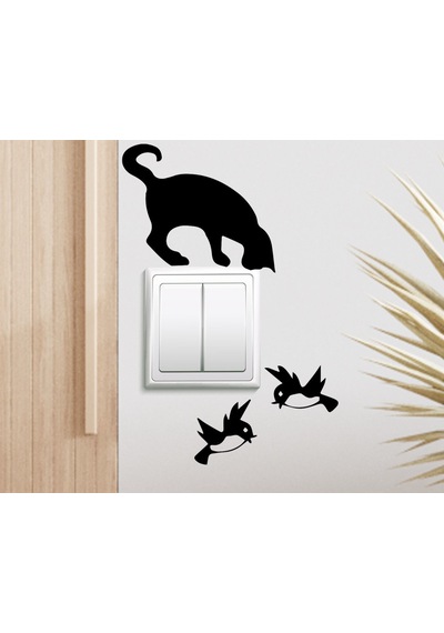 Bk Home Kuşlar ve Kedi Tasarımlı Duvar Sticker-1