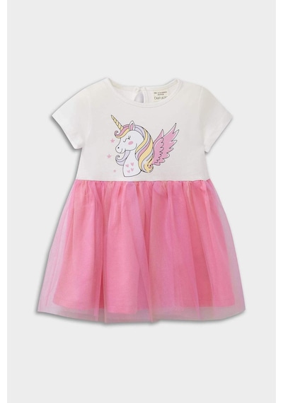 DeFacto Kız Bebek Unicorn Baskılı Kısa Kollu Yazlık Tül Elbise E8723A525SMER105