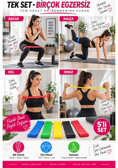 5'li Egzersiz Direnç Bandı Seti Pilates Fitness Yoga Spor Lastiği Evde Antrenman & Egzersiz Ekipmanı Çok Renkli