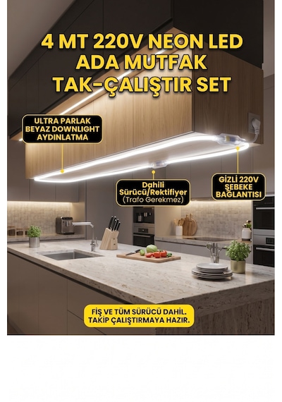 4 Metre Neon Esnek Şerit Led 220v +fiş Beyaz Işık Tak Çalıştır Tezgah Ve Mutfak Aydınlatması Led Şerit Beyaz