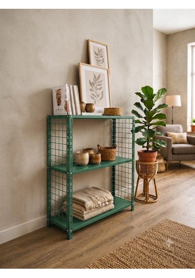 3 Katlı Renkli Tel Kafesli Dekoratif Çelik Raf - Çiçeklik Rafı, Ofis Rafı 0,70 Mm Siyah-59x93 Cm-50 Cm