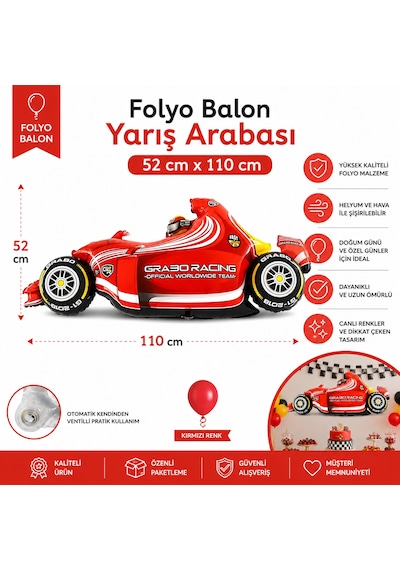 Kırmızı Yarış Arabası Folyo Balon 52x110 Cm Doğum Günü Çocuk Parti Süsü Dekorasyonu Çok Renkli