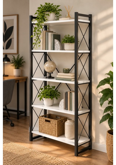Sulorahome 5 Raflı Metal Kitaplık Beyaz Ve Siyah Beyaz - Siyah