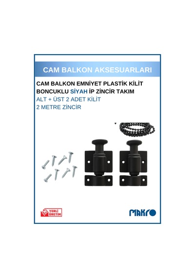 Cam Balkon Kilidi Emniyet Plastik Kilit Boncuklu Ip Zincir Takım Seti