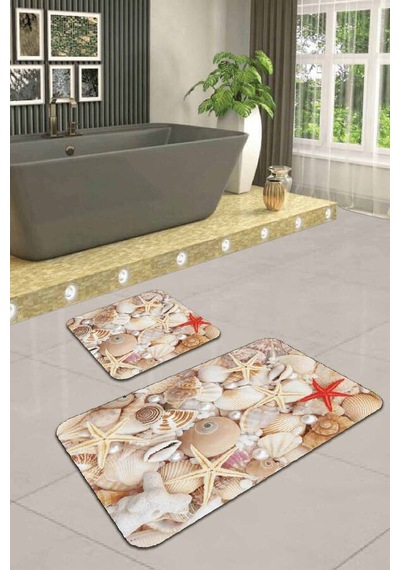 Bej Deniz Kabuklu Banyo Halısı Klozet 2'li Paspas Seti Bs212n11