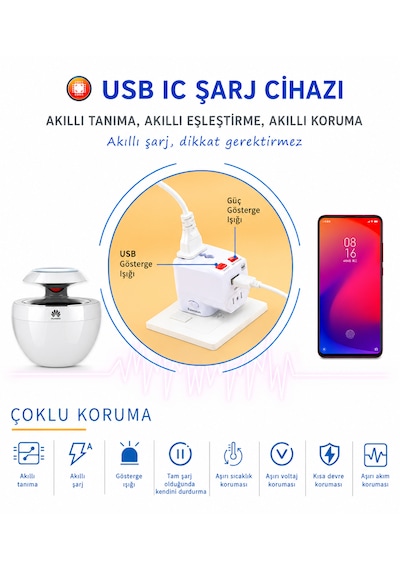 Universal Dünya Priz Dönüştürücü Seyahat Adaptörü Usb Şarj Girişli 150+ Ülke Uyumlu Çok Fonksiyonlu Adaptör Beyaz