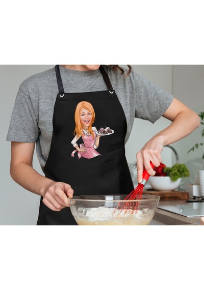 Bk Gift Kişiye Özel Kadın Chef Karikatürlü Profesyonel Siyah Mutfak Önlüğü, Aşçı Önlüğü, Şef Önlüğü, Arkadaşa -10 Siyah