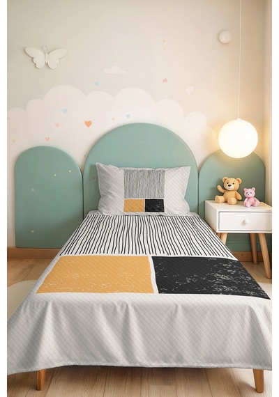Geometrik Çizgili Sarı Genç Odası Tek Kişilik Pike Takımı - Siyah 160x220 Cm Kapitone Yatak Örtüsü Keten Köy Anısı