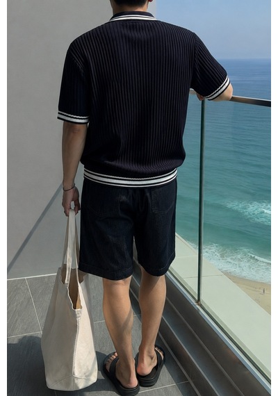 Tarz Cool Oversize Fit Çizgili Triko Polo Yaka Erkek Tişört Ribana Dokulu Premium Yazlık Model Siyah