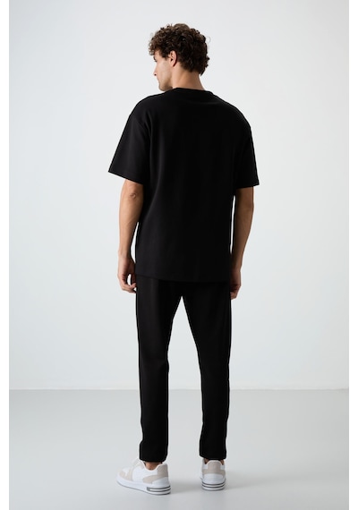Tommy Life Siyah Pamuklu Kalın Yumuşak Dokulu Oversize Fit Basic Erkek Eşofman Takım - 85251 Siyah