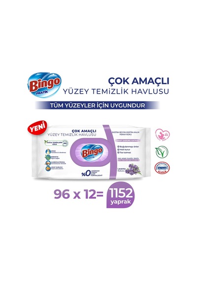 Bingo Pratik Arap Sabunu Katkılı Lavanta Yüzey Temizlik Havlusu 12 x 96'lı