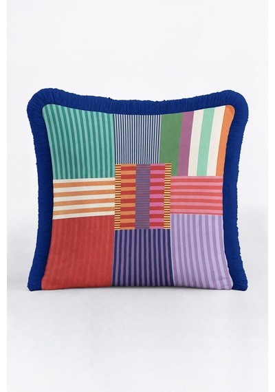 Geometrik Çizgili Modern Saçaklı Yastık Kılıfı - Patchwork Mint Lacivert Püsküllü Kırlent Kılıfı Altın