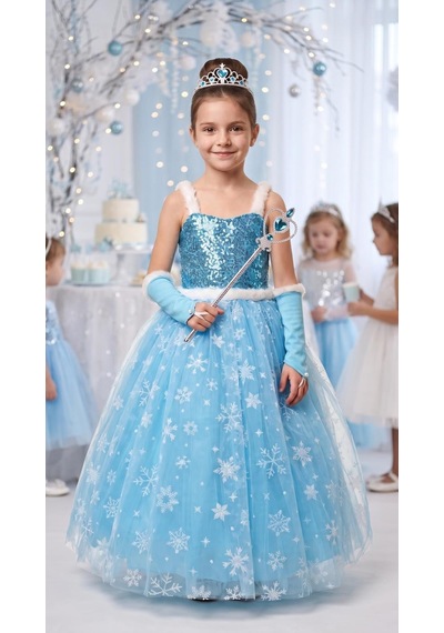 Butik Happy Kids Elsa Kız Çocuk Prenses Kostümü Askılı Payetli Kar Taneli Elbise - Taç Asa Eldiven Hediyeli Mavi