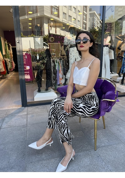 Zebra Desen Yüksek Bel Rahat Pantolon - Zebra Desen -136 Beyaz