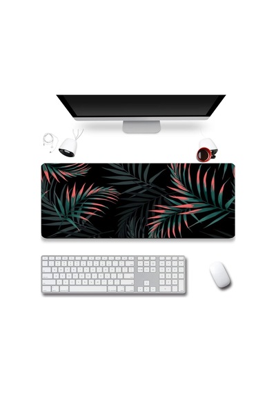 Sonictouch Bohem Palmiye Yaprakları Siyah Gamer Oyuncu Dikişsiz Sıvı Geçirmez Klavye Mouse Pad 32x70 Mousepad