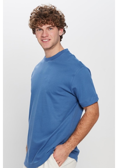Tudors Unisex Relax Fit Rahat Kesim %100 Pamuk Yumuşak Dokulu Basic Bisiklet Yaka İndigo Tişört-30848 Indıgo İndigo