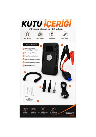 Eap-1 Akü Takviye Cihazı Ve Lastik Şişirme Pompası Powerbank El Feneri - 887084874