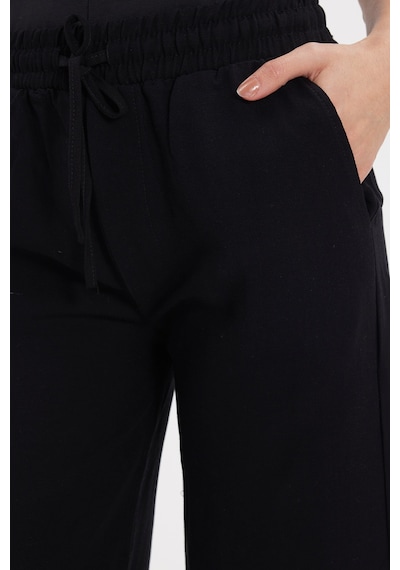 Tudors Kadın Regular Fit Klasik Kesim Pamuklu Beli Bağcıklı Lastikli Keten Görünümlü Siyah Palazzo Pantolon-50635