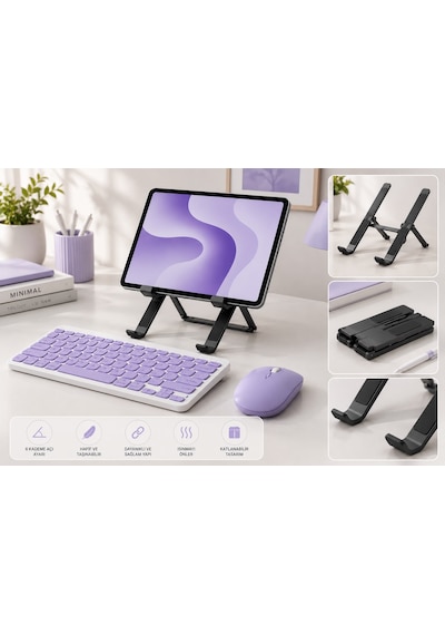 İpad 10.2 8.nesil Uyumlu Ergonomik Tablet Çalışma Seti Stand+klavye+mouse Diğer