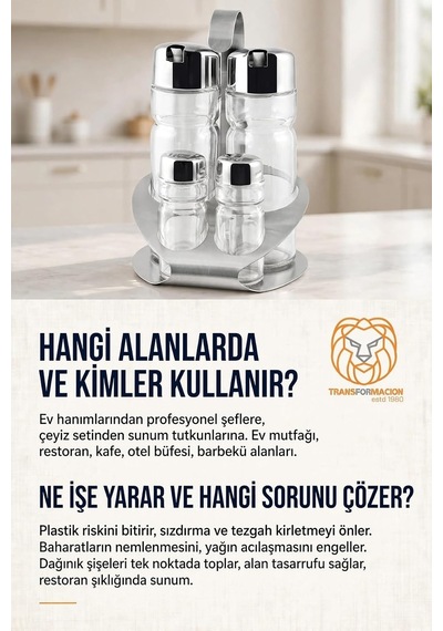 4'lü Paslanmaz Çelik Stantlı İçi Cam Yağlık Sirkelik Tuzluk Biberlik Seti Menaj Takımı 723501 Diğer