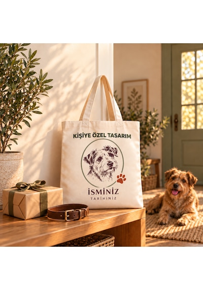 Kişiye Özel Fotoğraflı Evcil Hayvan Keten Bez Çanta İsim Tarih Baskılı Kedi Köpek Hediyesi 1 Kırık Beyaz