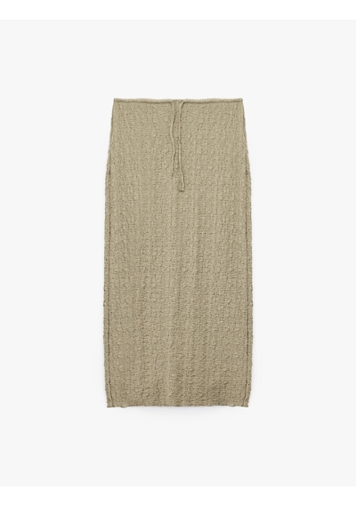 Koton Beli Bağcıklı Slim Fit Bürümcük Kumaş Dokulu Midi Kalem Etek Haki 6wak10203ek Haki